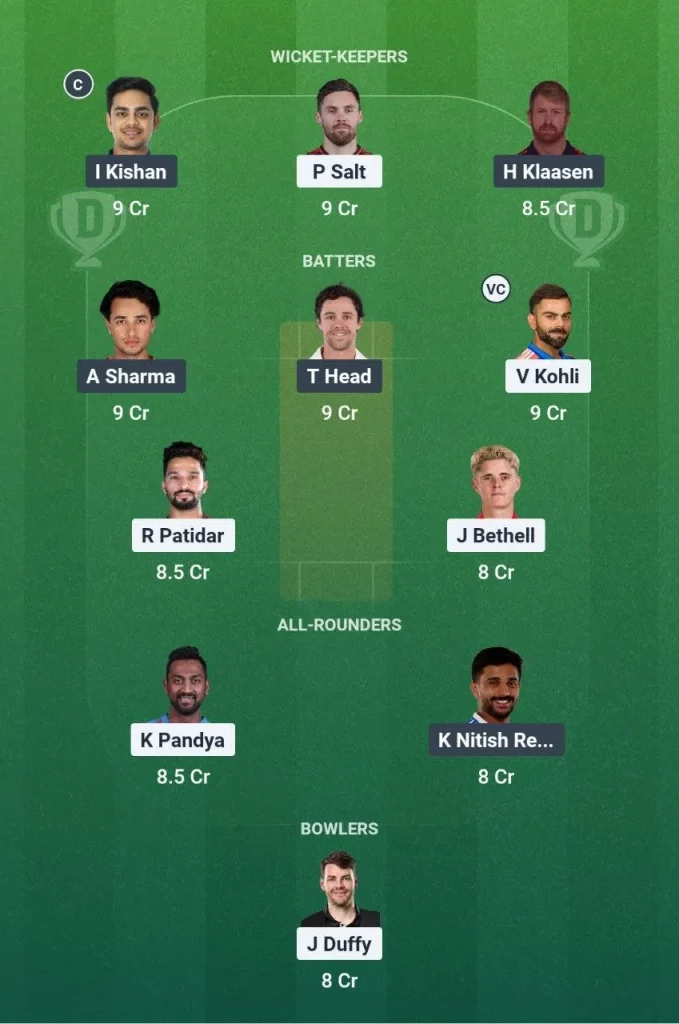 RCB vs SRH dream11 team